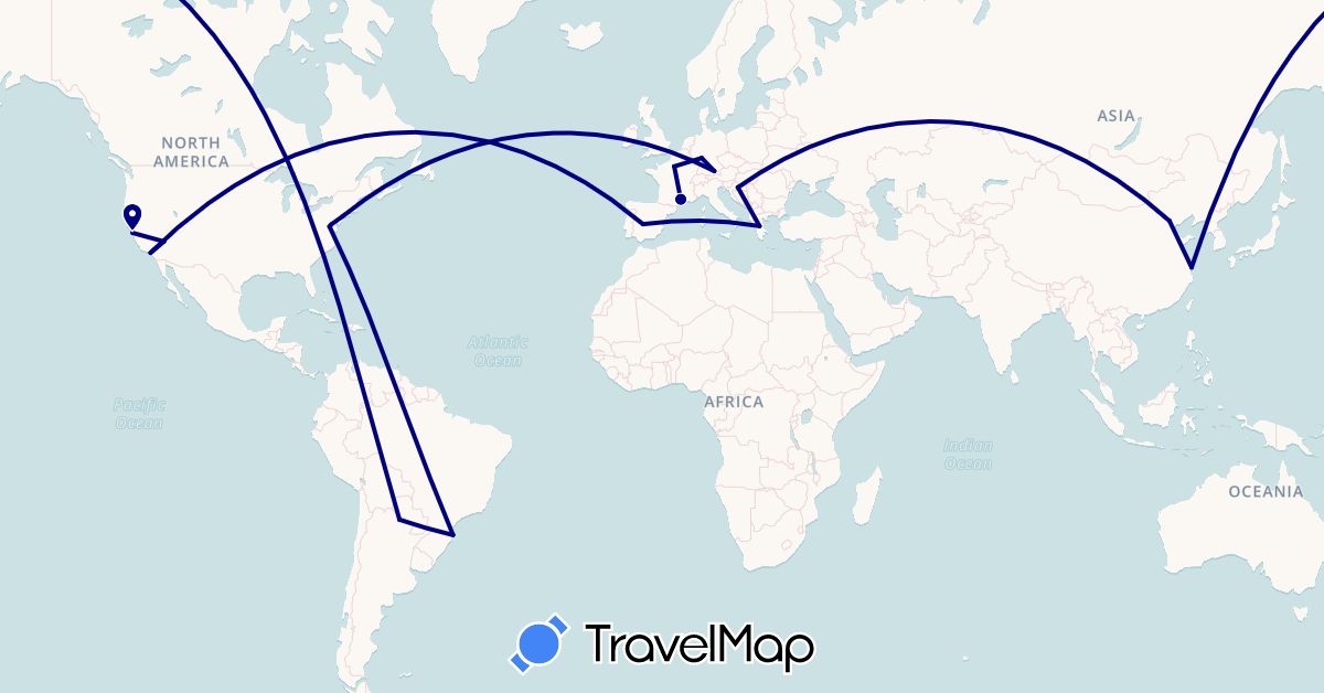 TravelMap itinerary: driving in China, Germany, Denmark, Spain, France, Greece, Croatia, United States (Asia, Europe, North America)